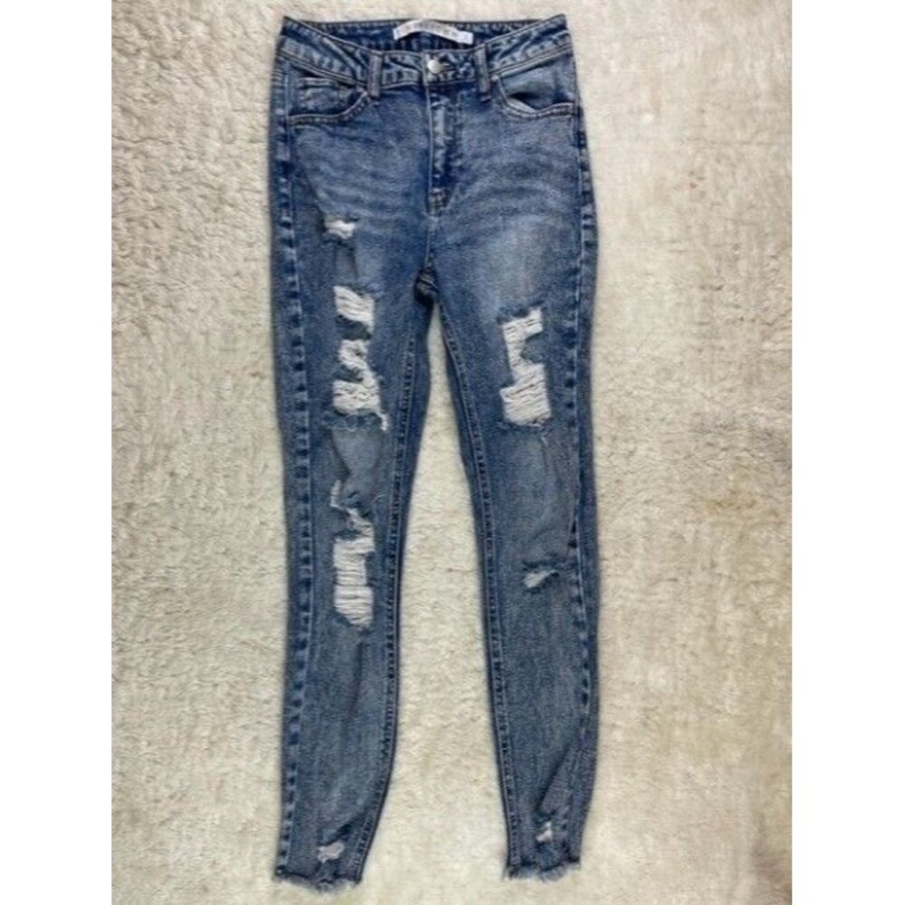 Tinseltown Size 1 Womens Jeans Stretch Mid Rise Skinny Raw Hem Distress